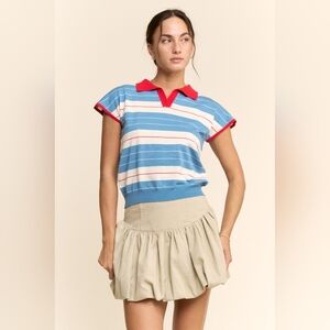 ​DAVI & DANI Retro Striped Knit Polo Top - Blue, White & Red Short Sleeve